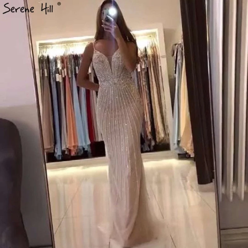 Dubai Champagne Sleeveless Mermaid Sexy Evening Dresses 2024 Beading Sequins Backless Formal Dress Serene Hill LA70400