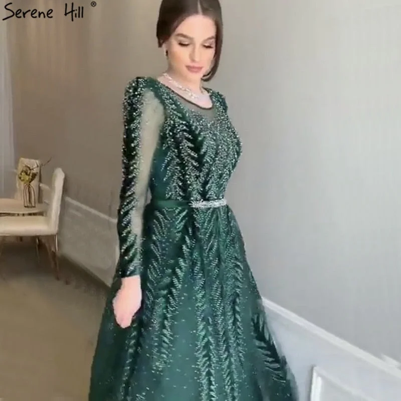 Dubai Design Green Long Sleeves Evening Dresses 2024 O-Neck Beading Sequined A-Line Formal Dress Serene Hill LA70040