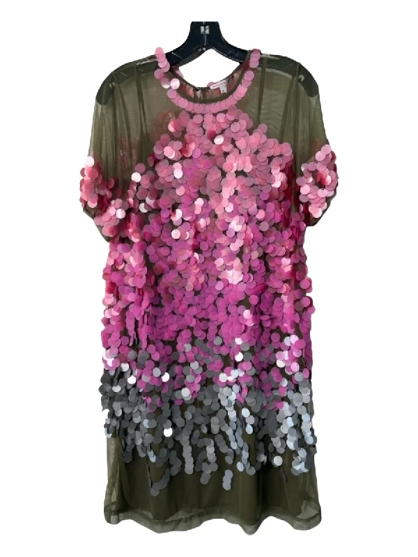 Frances Valentine Size M Olive & Pink Nylon Sequin Sheer Mesh Short Sleeve Dress