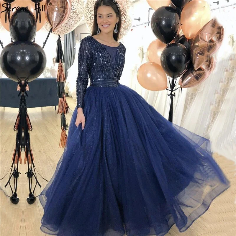 Gold O-Neck Sequins Beading A-Line Evening Dresses Design 2024 Long Sleeves Lace Up Formal Dress Serene Hill LA70237