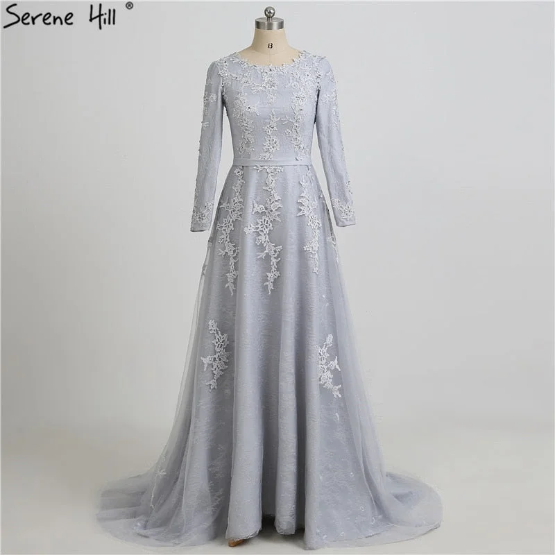 Grey Long Sleeves Beach Evening Dresses Fashion Beading Sequined Tulle HA2105