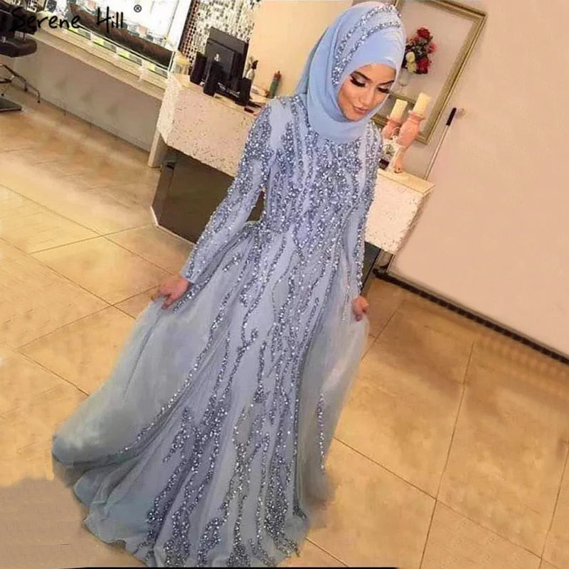 Grey Mermaid Dubai Designer Evening Dresses Beading Sequined Long Sleeves LA6302