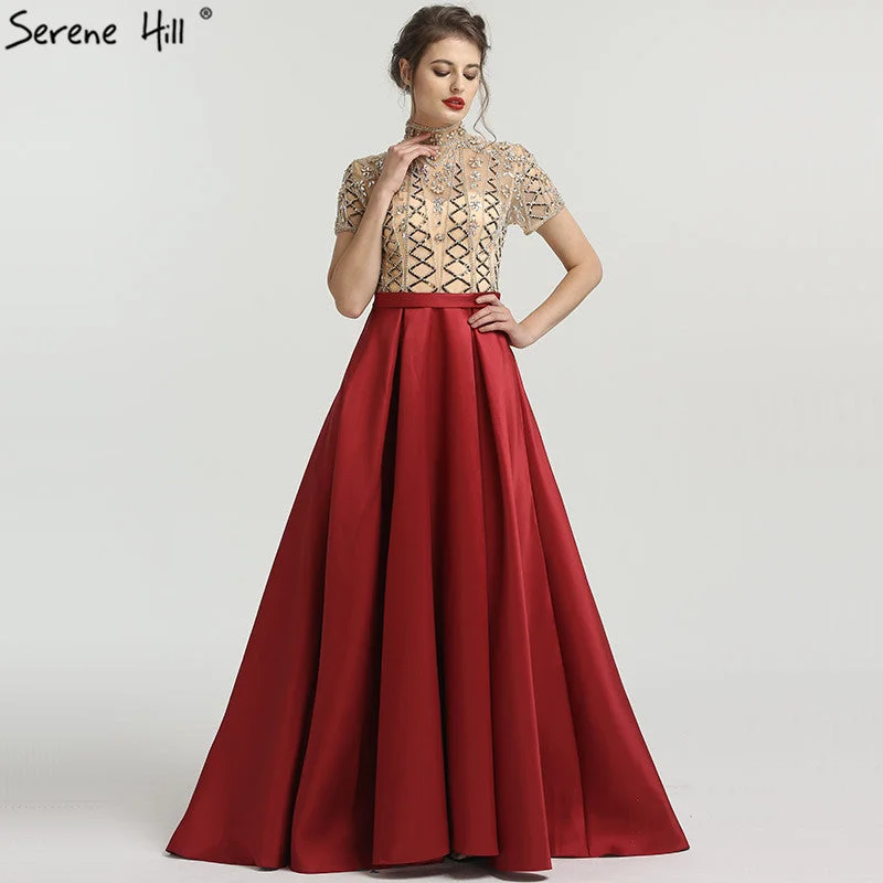 On Sale no return no refundSale High Collar Fashion Evening Dresses Short Sleeve Beading Sequined LA6568