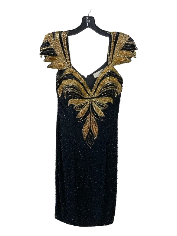 Lillie Rubin Size 8 Black & Gold Silk Sequins Leaf Embellished Dress