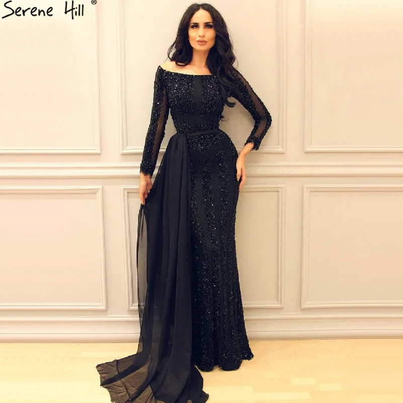 Long Sleeve Black Mermaid Tulle Evening Dresses Beading Sequined Formal Dress Real Photo 2024 Serene Hill LA6009