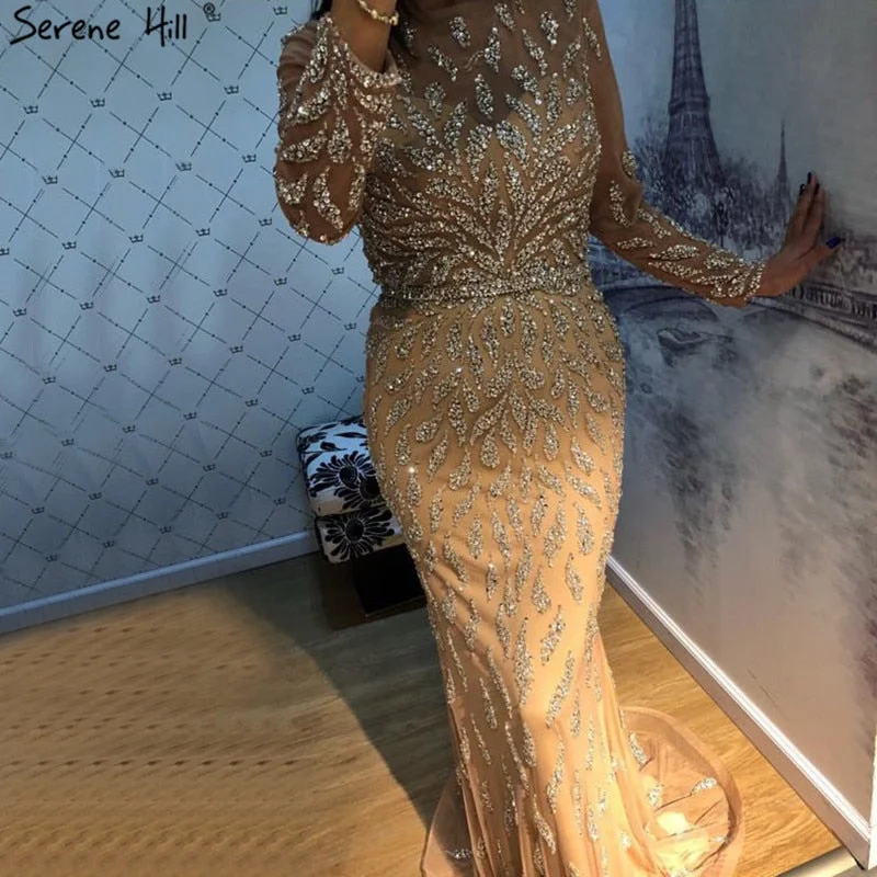 Luxury Mermaid Sparkly Grey Sexy Evening Dresses 2024 Beading Sequined Long Sleeves Formal Dress Serene Hill LA60892