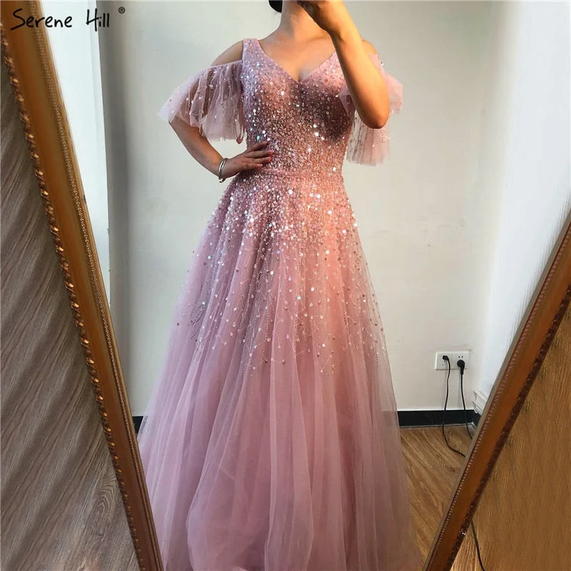 Pink Short Sleeve Sexy A-Line Formal Dresses Design 2024 Sparkle Beading Sequined Evening Gowns Real Photo LA70075