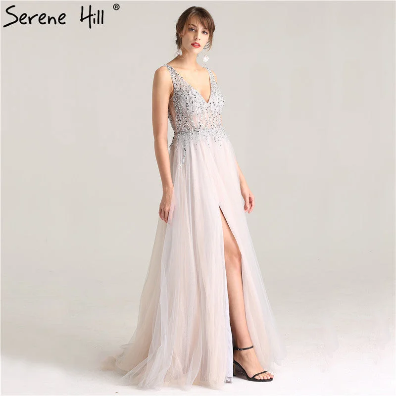 Princess Deep-V Tulle Split Evening Dresses Beading Sequined A-Line Evening Gown LA6223