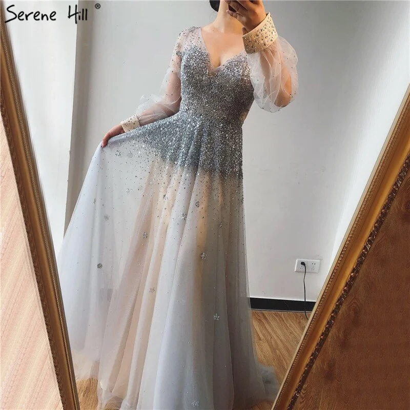 Real Photo Grey Deep-V Sexy Evening Dresses 2024 Long Sleeves Beading Sequined A-Line Evening Gowns Serene Hill LA70211