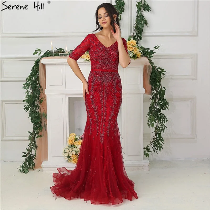 V-Neck Fashion Mermaid Evening Dresses Half Sleeve Beading Sequined LA6563