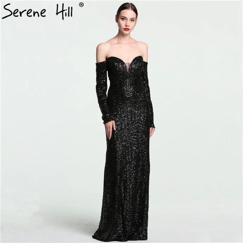 On Sale no return no refund Sale Vintage Off Shoulder Long Sleeves Evening Dresses Beading Sequined Mermaid LA6128