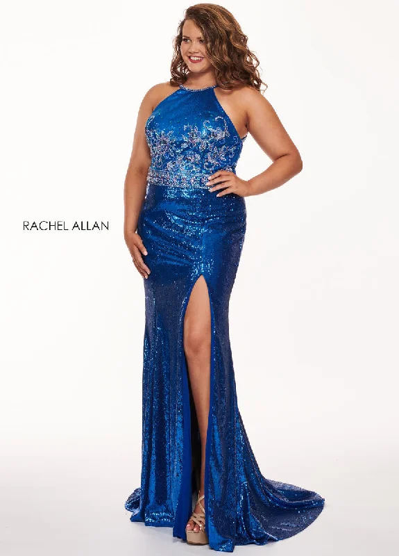 Rachel Allan 6699 Royal Sequin High Neck Fitted Dress with Slit