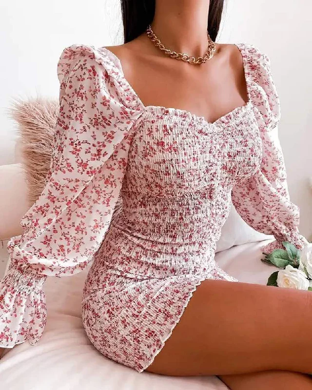 DITSY FLORAL PRINT PUFF SLEEVE SHIRRED BODYCON DRESS