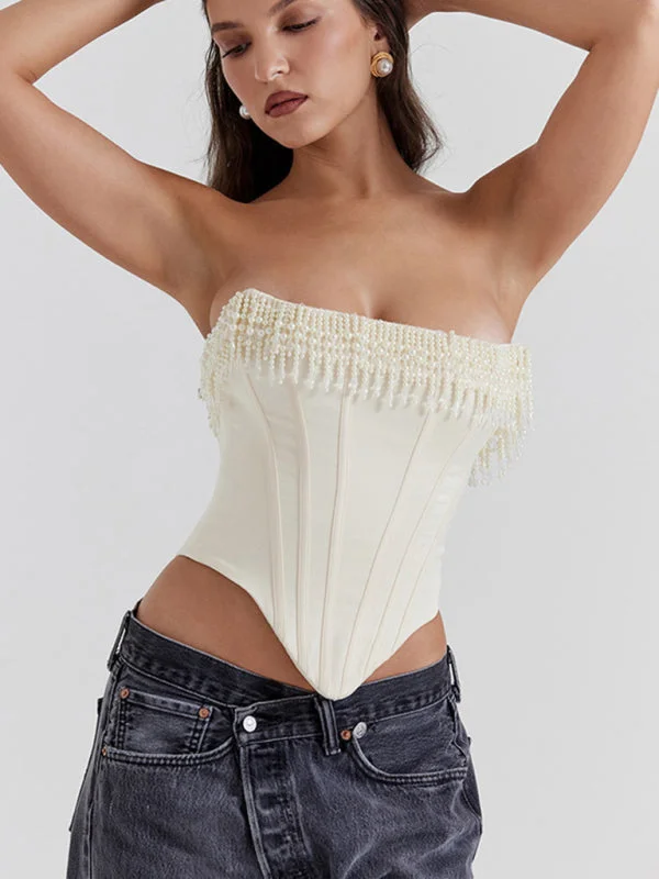 Blue Zone Planet |  Ella's Retro Cream Hottie Fishbone Tight Tube Top