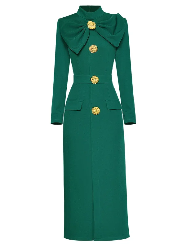 Green Bow Collar Long Sleeve 1940S Bodycon Vintage Dress With Golden Button