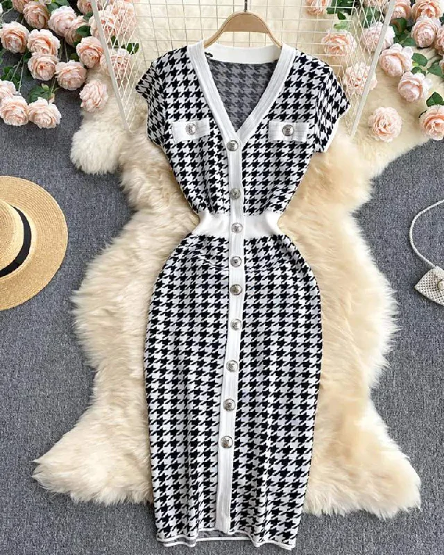 HOUNDSTOOTH PATTERN TIGHT WAIST KNIT BODYCON DRESS