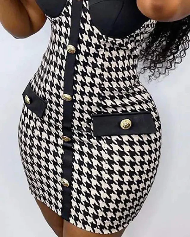 HOUNDSTOOTH PRINT BUTTON DECOR BODYCON TUBE DRESS