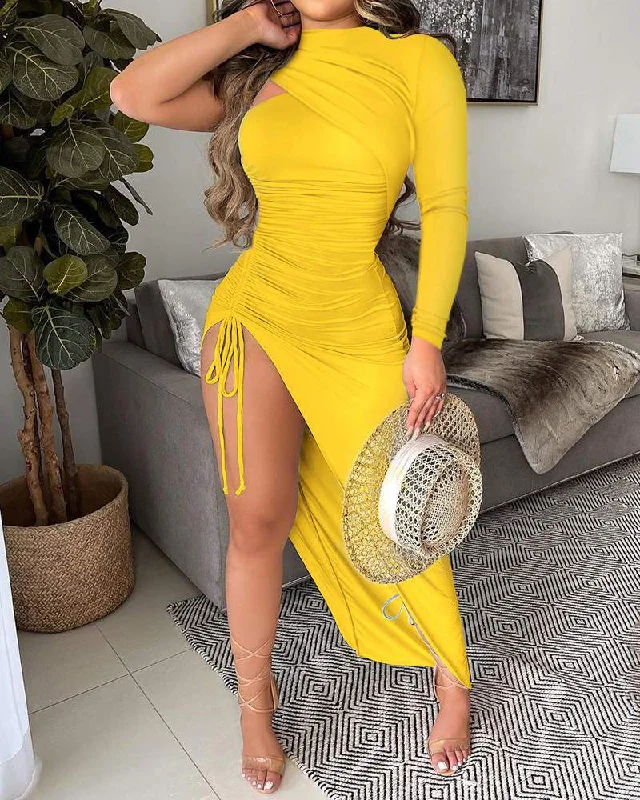 Solid Drawstring Ruched Slit Thigh Bodycon Dress