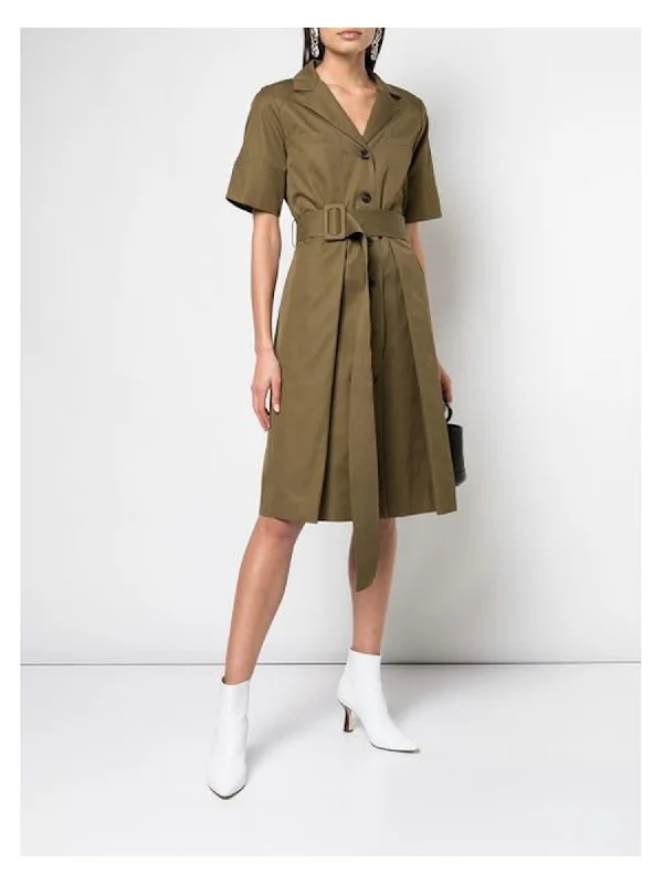 Adam Lippes Womens Green Cotton Belted Short Sleeve Collared Below The Knee Evening Shirt Dress