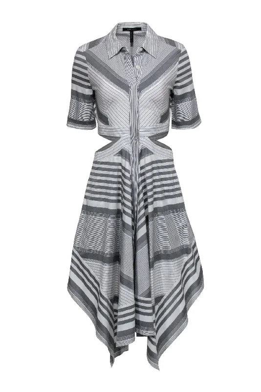 BCBG Max Azria - White & Grey Striped Button-Up Shirt Dress w/ Waist Cutouts Sz 4