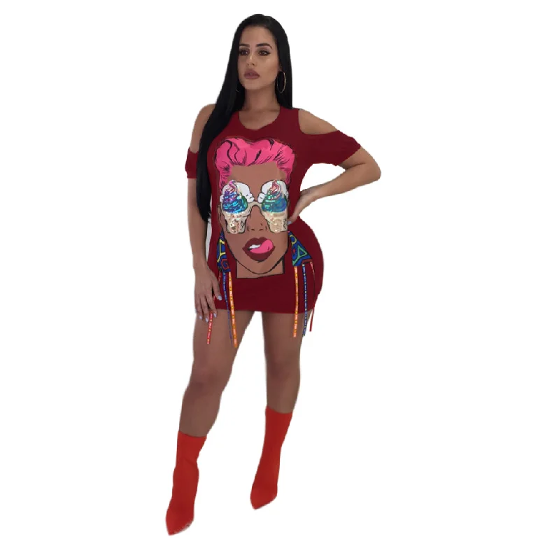 Cartoon Shirt Dress With Cut-out Shoulders