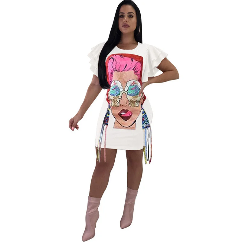 Cartoon Shirt Dress With Ruffle Sleeve #White #Round Neck #Ruffle Sleeve