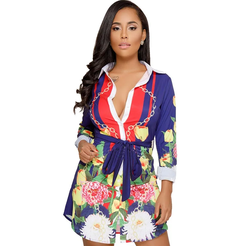 Casual Turndown Collar Printed Blue Blend Shirt Dress