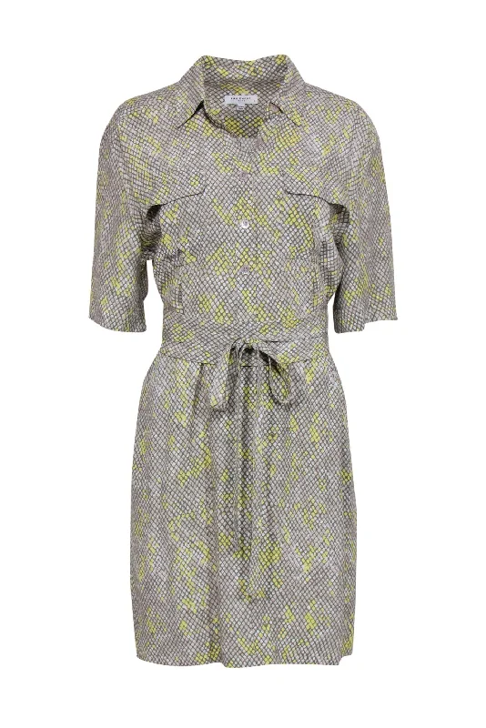 Equipment - Beige, Green & Yellow Snakeskin Print Belted "Axelle" Shirt Dress Sz 8