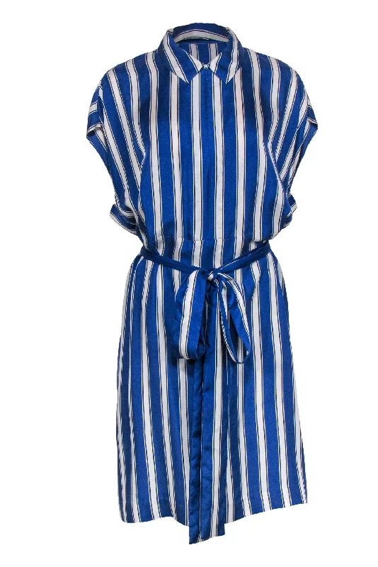 Escada - Blue & White Striped Sleeveless Belted Silk Shirt Dress Sz L