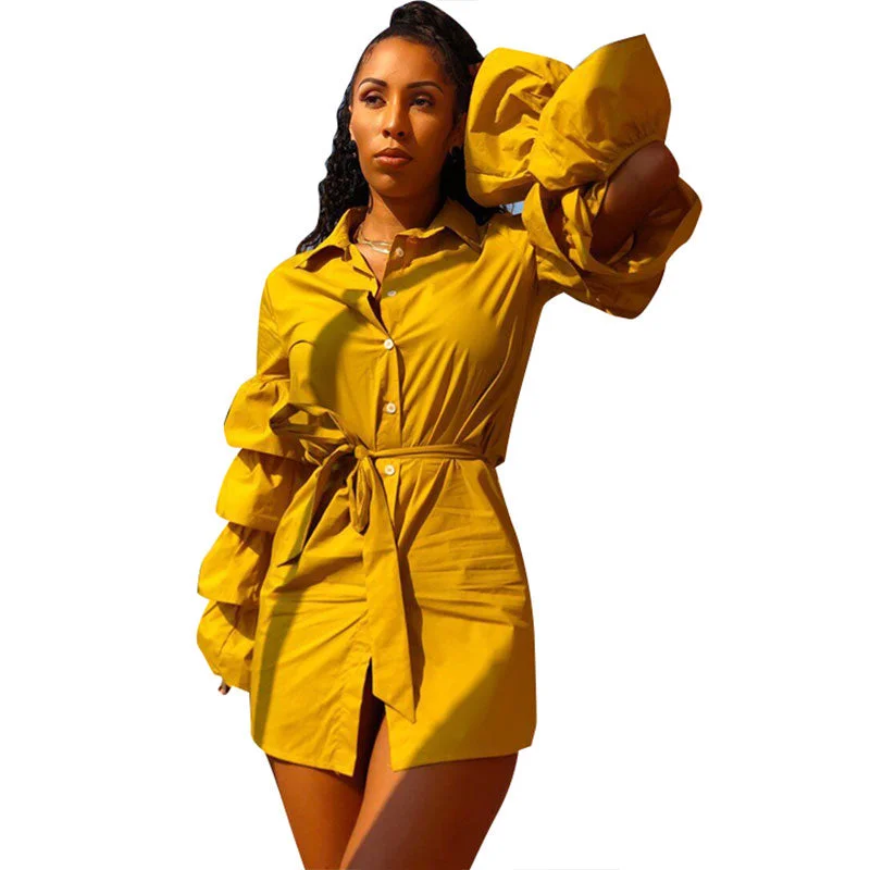 Golden T-shirt Dress w/ Lantern Sleeves #Lantern Sleeves