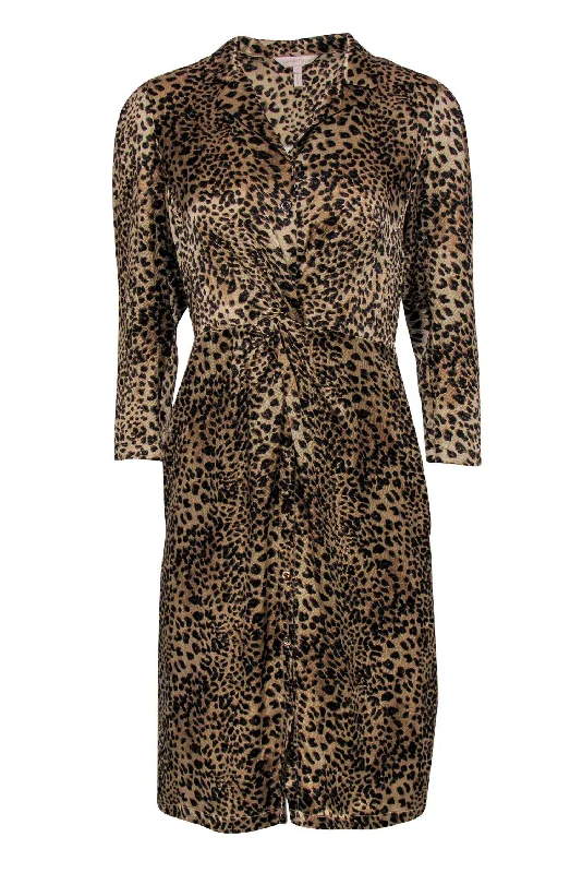 Rebecca Taylor - Leopard Print Button-Up Silk Shirt Dress w/ Knot Detail Sz 4