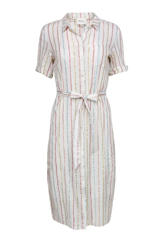 Sezane - Cream & Multicolor Metallic Striped Button-Up Shirt Dress Sz 6