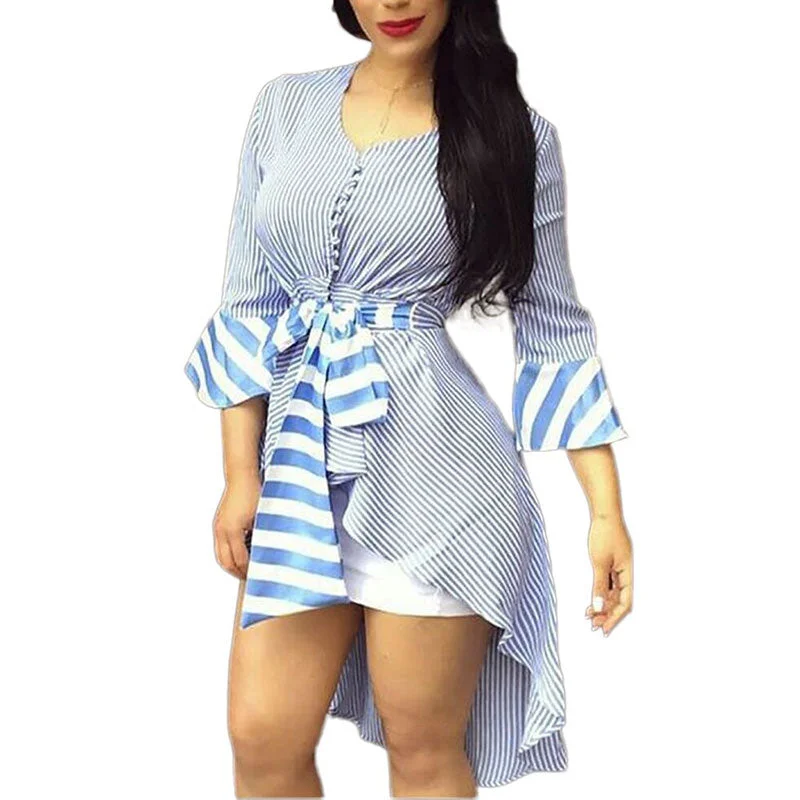 Striped Casual Asymmetric Shirt Dress #Striped #Asymmetric