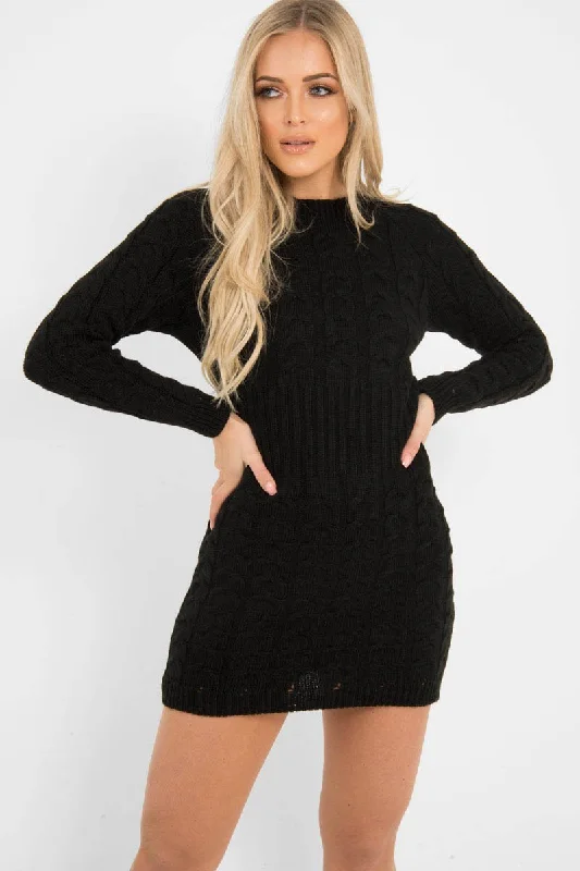 Black Cable Knit Jumper Midi Dress - Jaylie