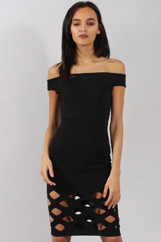 Black Cage Cut Bardot Midi Dress - Cady