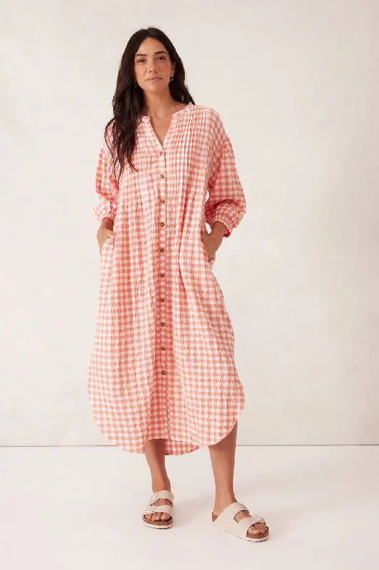 Crinkle Midi Dress - Coral Gingham