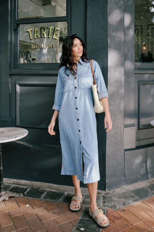 Long Sleeve Yoke Detail Midi Denim Dress