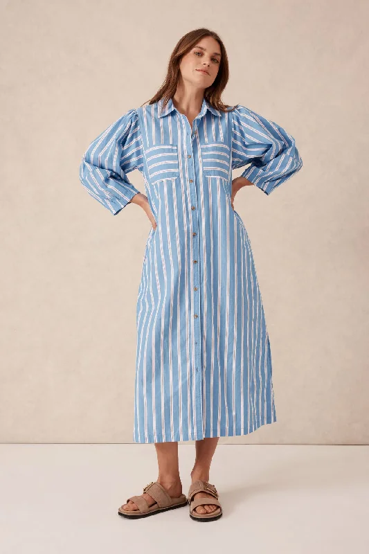 Midi Shirt Dress - Blue/White/ Red Stripe