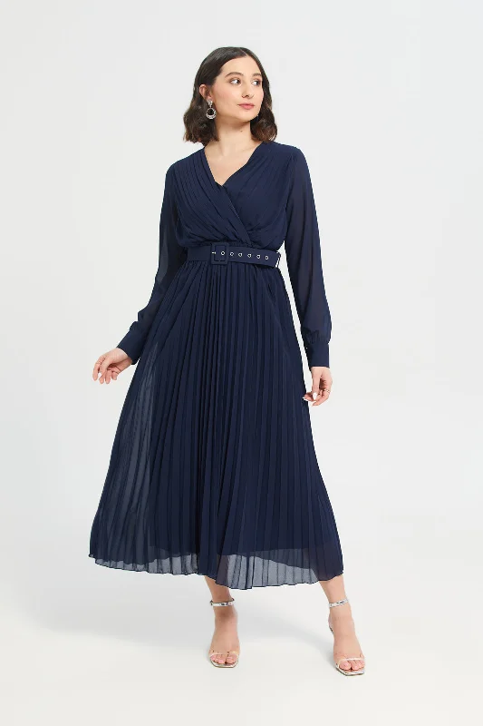 Plisse Belted Midi Dress